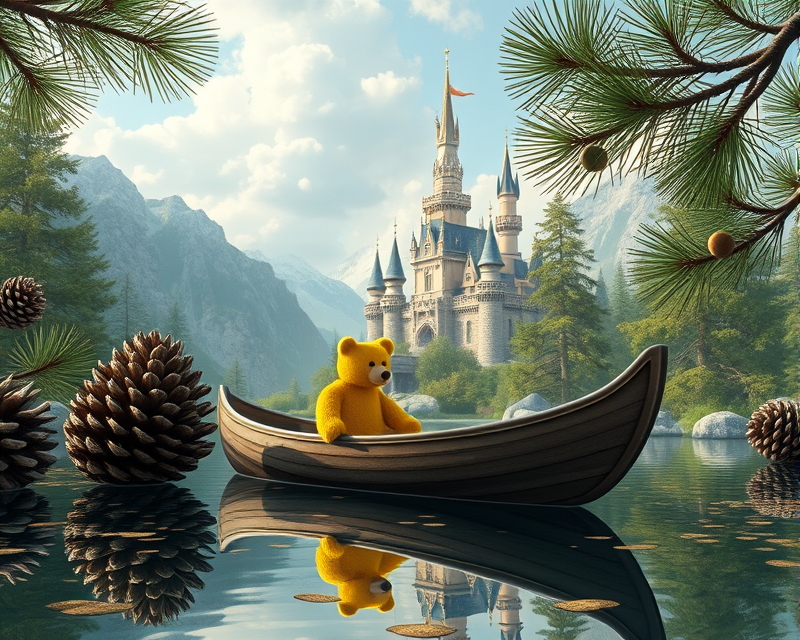 pinecone, castle, canoe, yellow, teddy bear